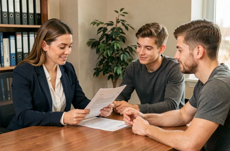 Agent immobilier expliquant les conditions de la garantie loyer impayé à un jeune couple de locataires