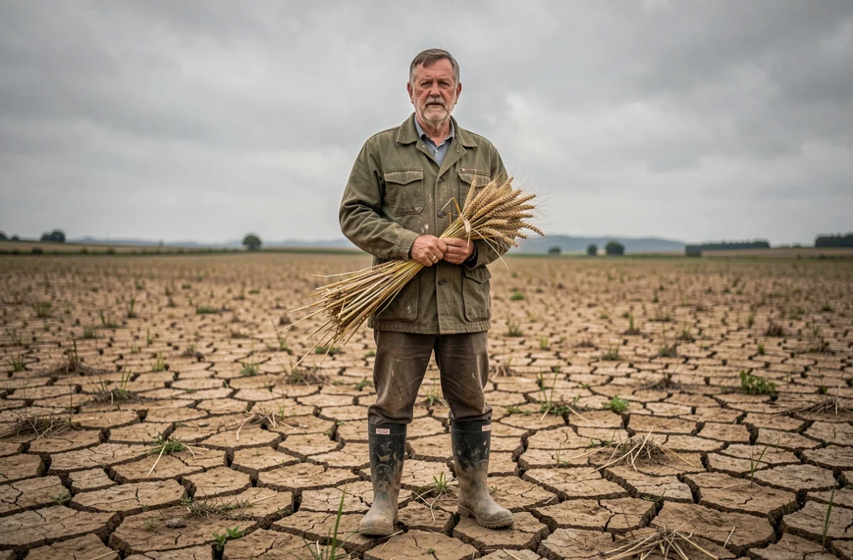 Agriculteur français dans un champ de blé desséché symbolisant la menace de pénurie alimentaire due à la sécheresse