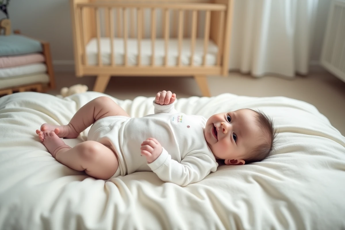Bébé nouveau-né allongé sur une couverture en coton portant un pyjama blanc taille 3 mois légèrement grand