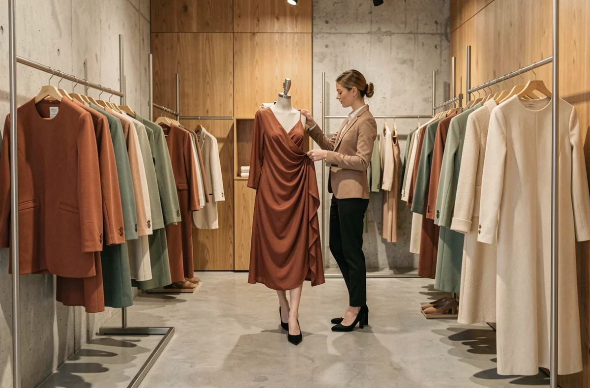 Boutique de mode française contemporaine avec collection prêt-à-porter tendance en tons naturels