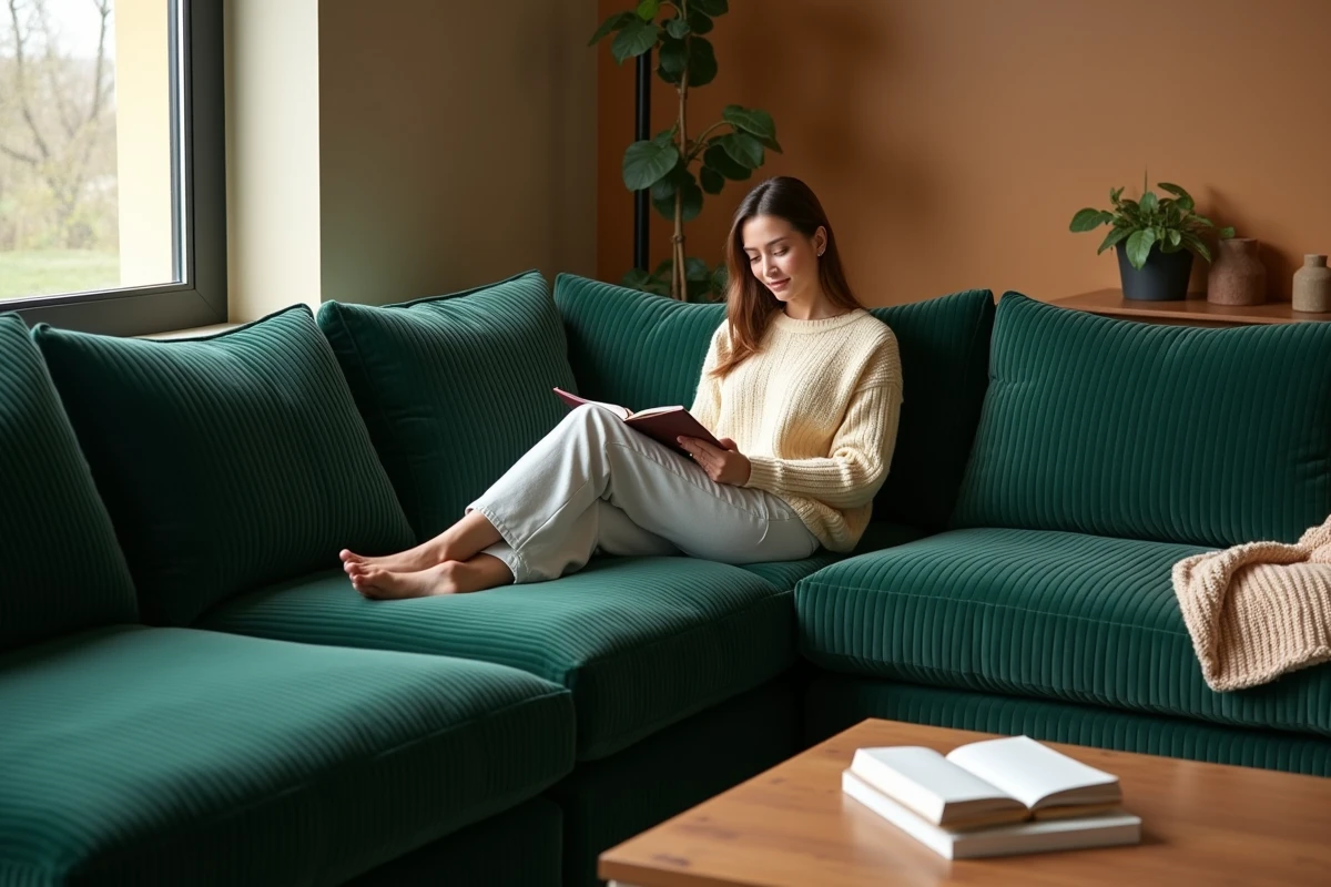 Canapé modulable en velours côtelé vert forêt dans un salon moderne avec femme lisant dans une posture détendue