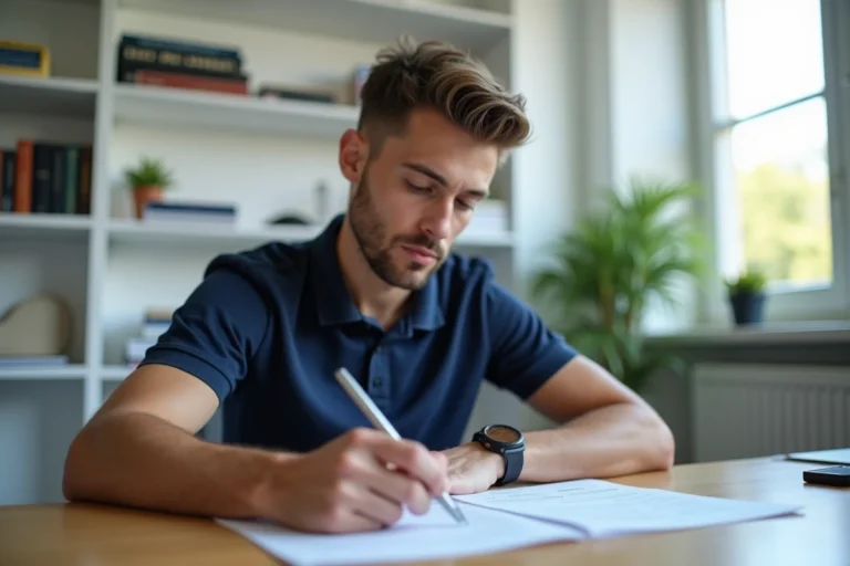 Jeune homme concentré remplissant un test psychotechnique SNCF dans un bureau administratif moderne