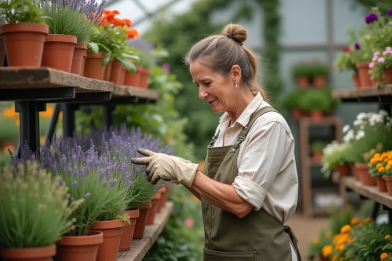 Femme choisissant des fleurs dans une jardinerie parmi des pots de lavande et géraniums