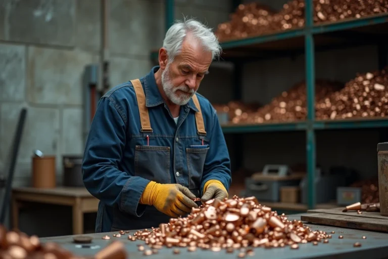 Ouvrier métallurgiste examinant des chutes de bronze sur un établi dans un atelier industriel de recyclage