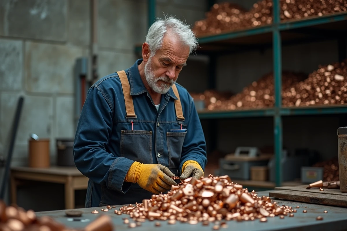 Ouvrier métallurgiste examinant des chutes de bronze sur un établi dans un atelier industriel de recyclage