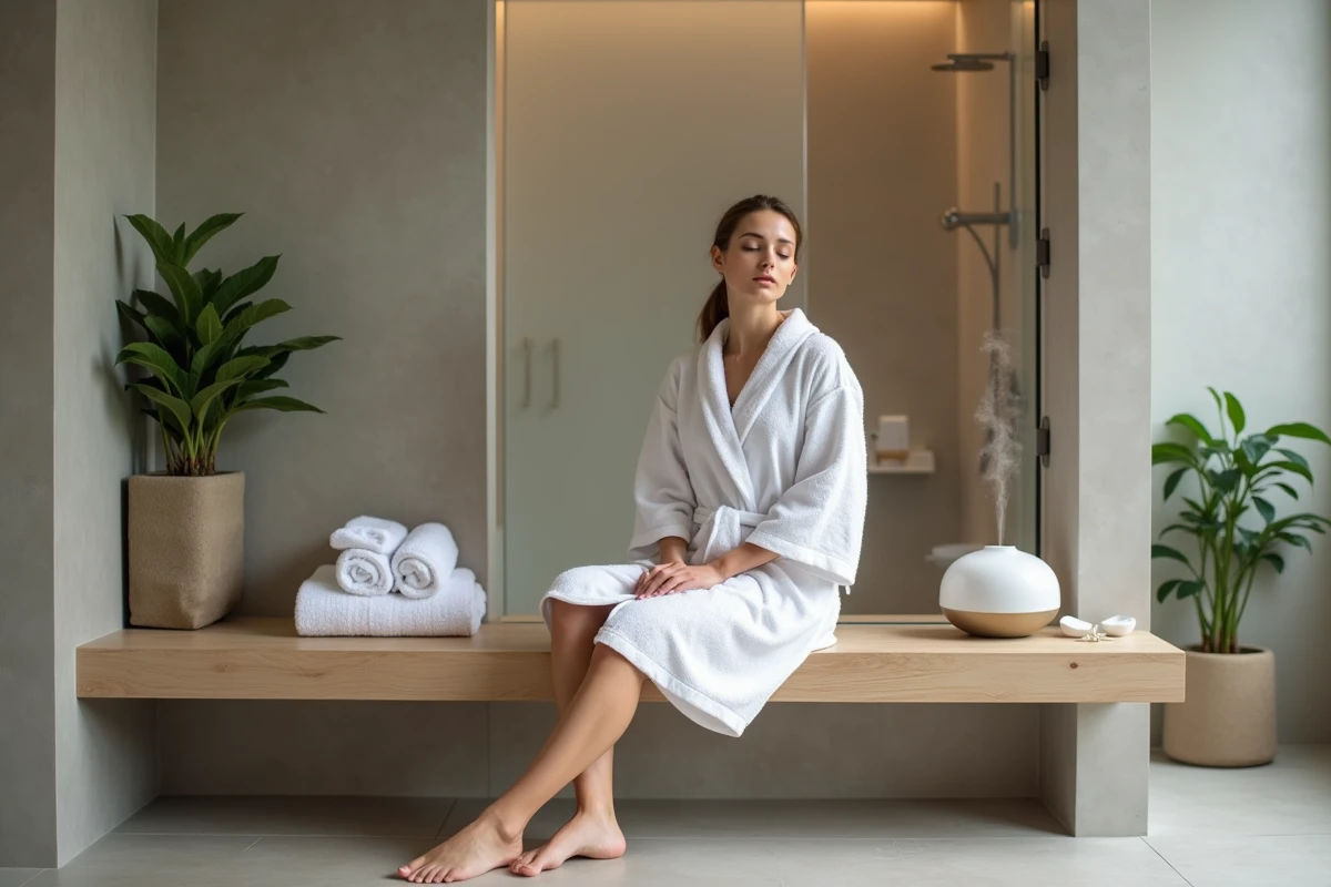 Coin micro-bien-être aménagé dans une salle de bain moderne avec banc en bois, diffuseur céramique et plante d'eucalyptus