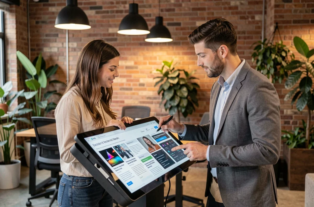 Deux jeunes adultes consultant des articles tech sur une tablette interactive dans un espace de coworking