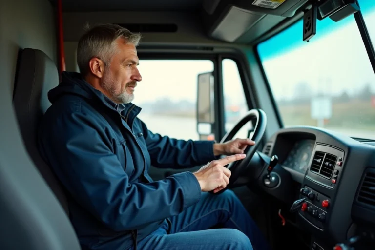 Conducteur de camion vérifiant le tableau de bord numérique