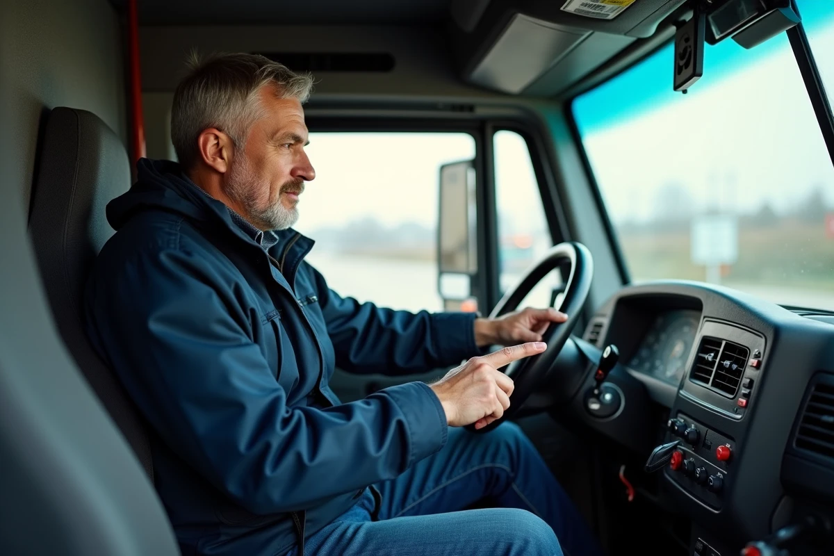 Conducteur de camion vérifiant le tableau de bord numérique