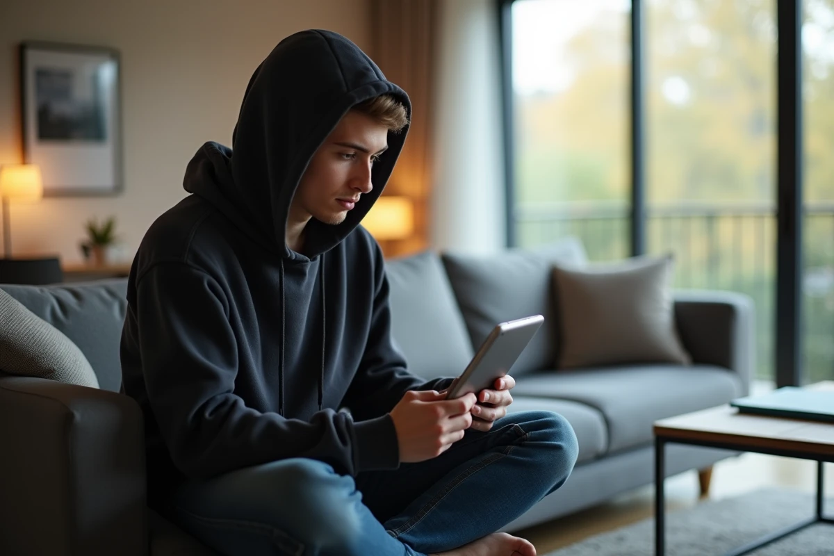 Jeune adulte lisant des conseils de sécurité en ligne sur une tablette dans son salon