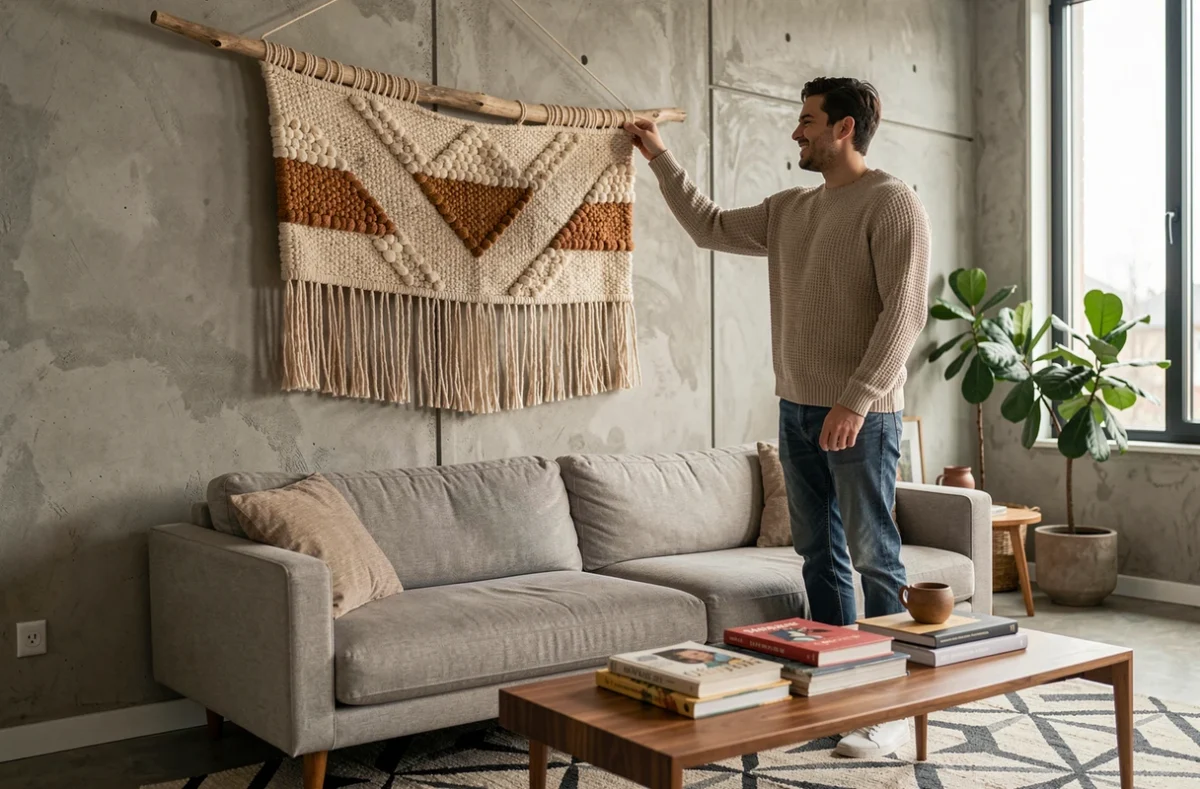 Couple accrochant un panneau mural tissé fait-main en laine et bois flotté au-dessus d'un canapé dans un salon contemporain