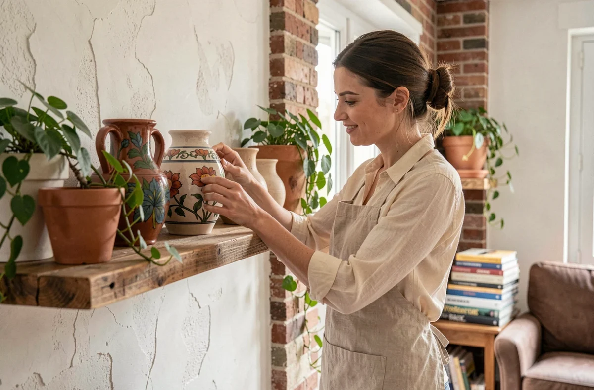 Femme arrangeant des vases en céramique peints à la main sur une étagère en bois récupéré dans un appartement parisien décoré de façon artisanale
