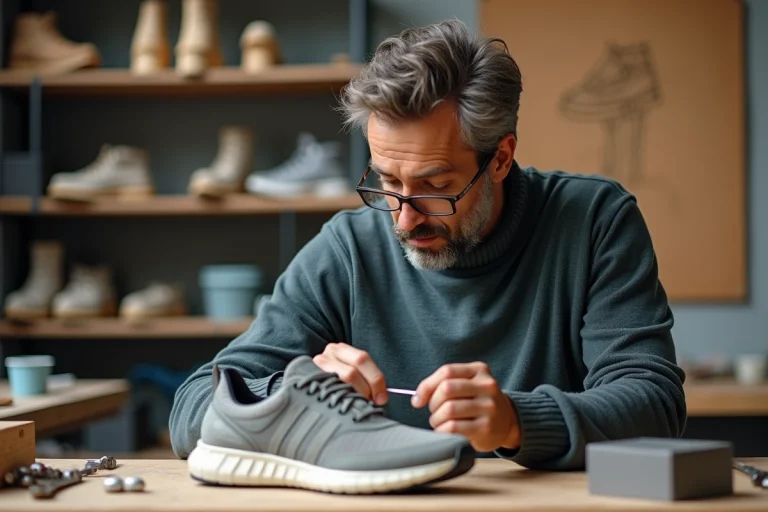 Designer de chaussures examinant un prototype de sneaker dans son atelier