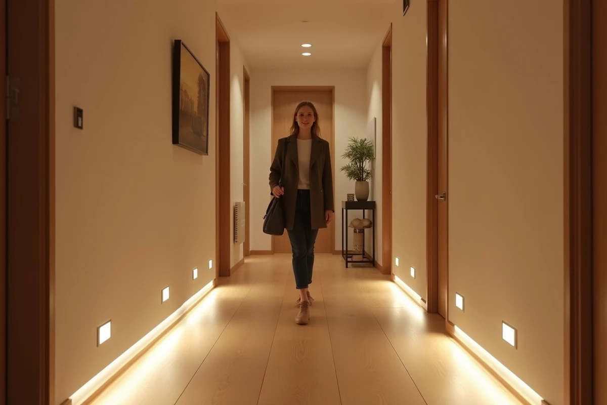 Diffuseurs de lumière basse installés en bas des murs d'une entrée moderne créant une ambiance douce et accueillante
