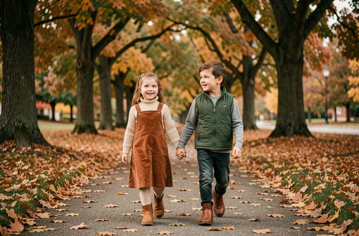 Deux enfants frère et sœur habillés en tenues automnales coordonnées en velours et maille, marchant dans un parc aux couleurs de l'automne