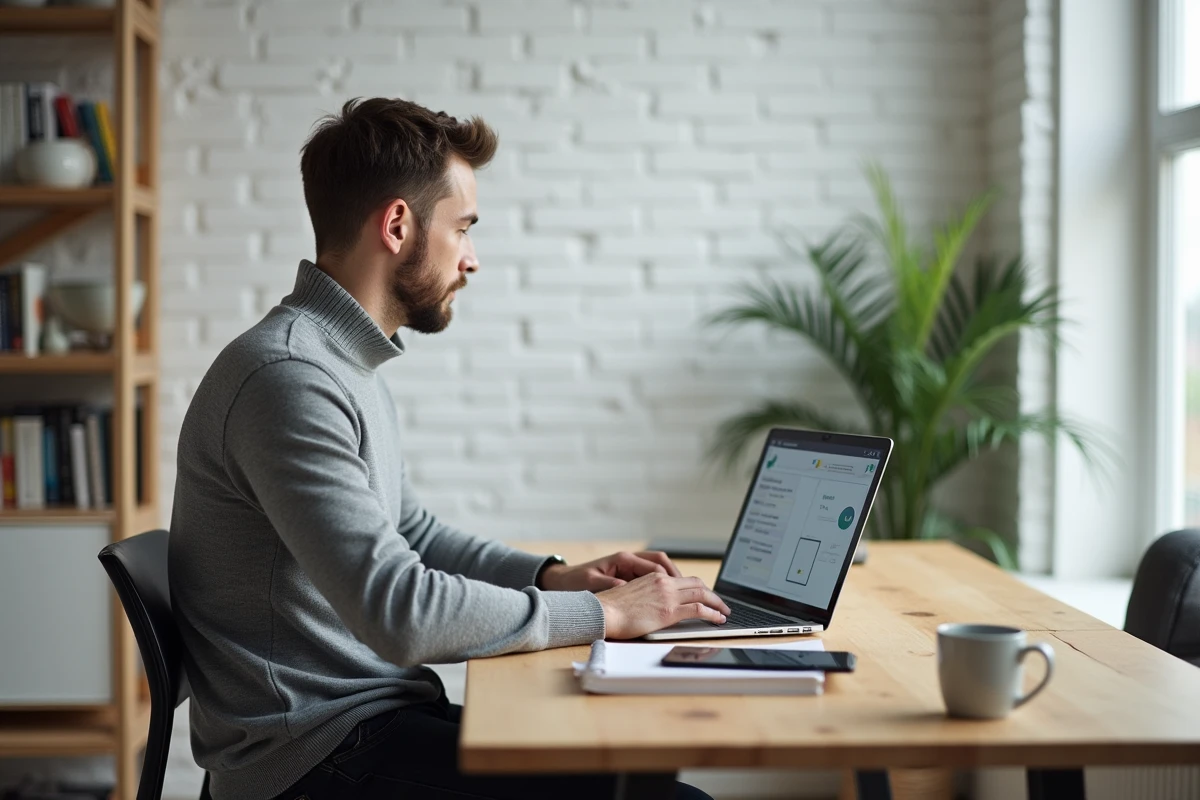 Entrepreneur travaillant depuis son bureau à domicile sur une plateforme de gestion de projet numérique dans le cadre de la digitalisation de son activité