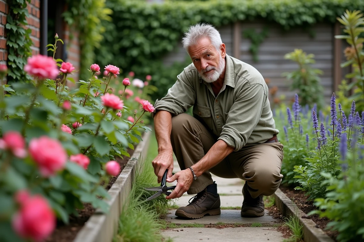 Homme entretenant un rosier dans son jardin en taillant les branches avec un sécateur