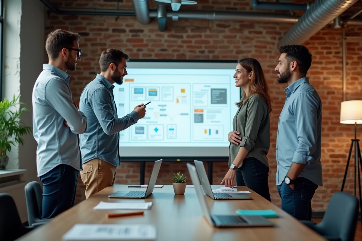 Équipe de professionnels collaborant autour d'un tableau blanc interactif lors d'un atelier de stratégie de transformation numérique