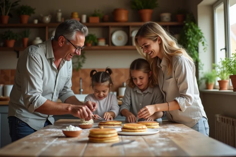 Famille épanouie préparant des pancakes ensemble dans une cuisine chaleureuse le dimanche matin