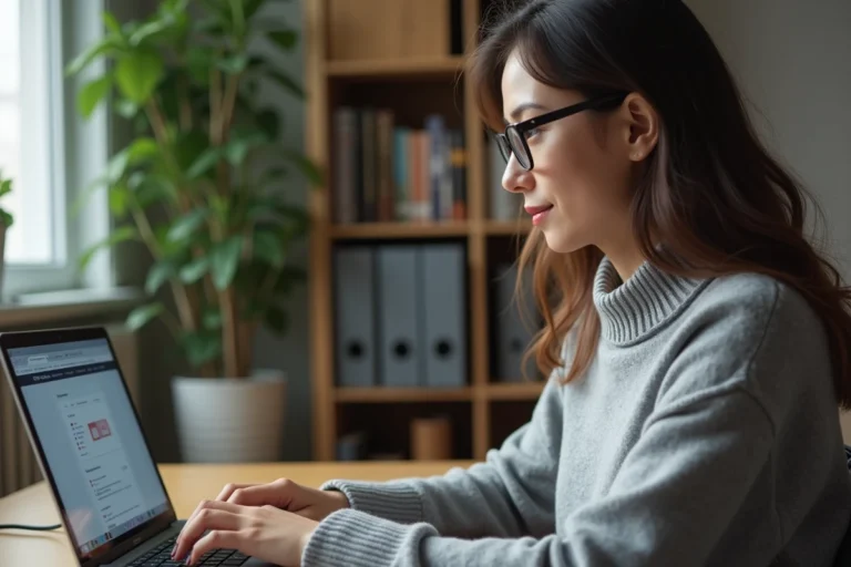Jeune femme au bureau avec ordinateur et plantes