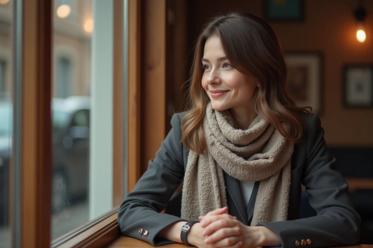 Femme assise au café regardant par la fenêtre