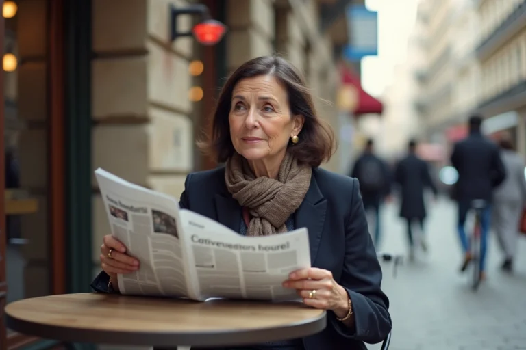 Femme d'âge moyen lisant un journal dans un café urbain