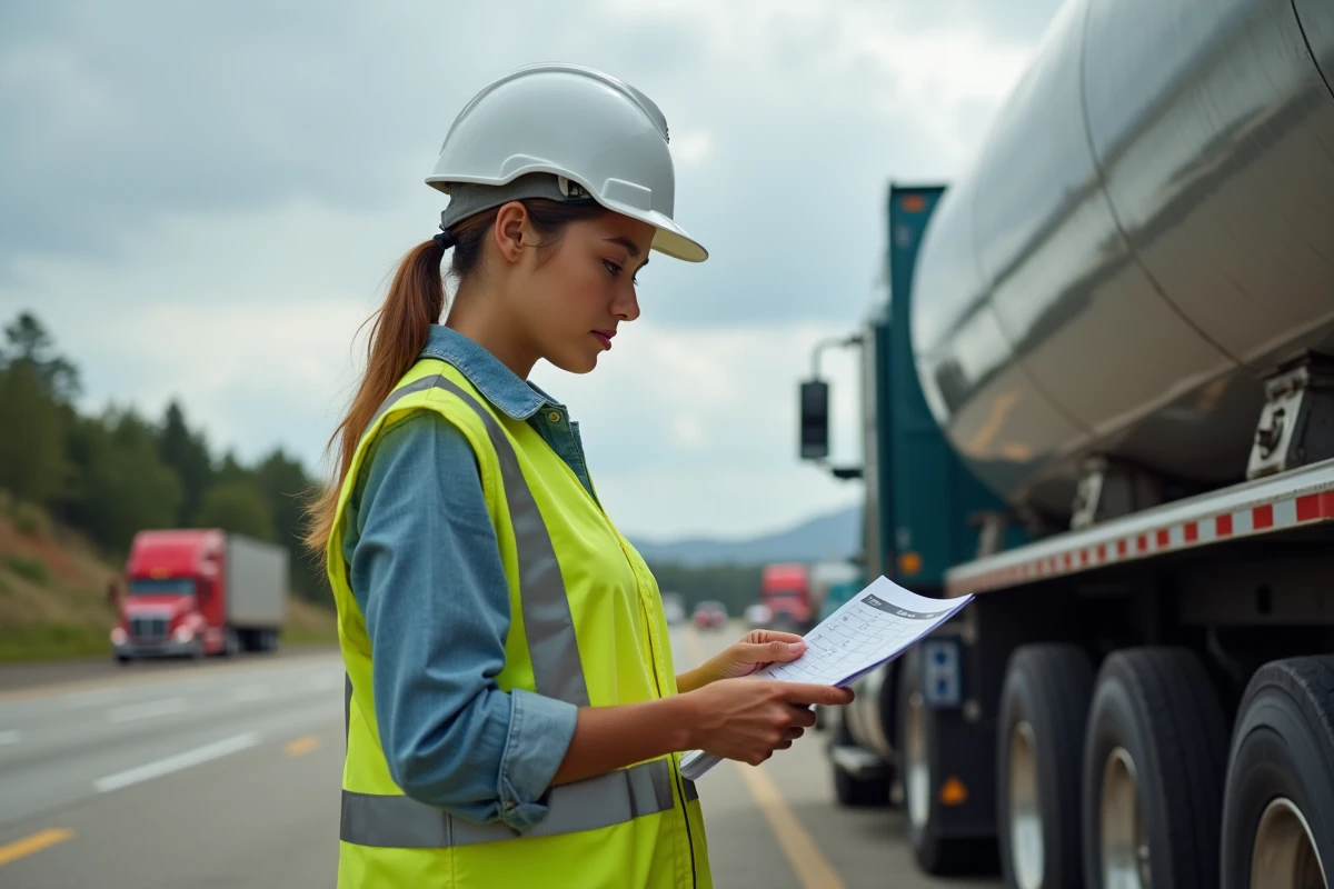 Jeune femme inspectant un carnet de carburant à côté d