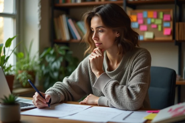 Femme pensant dans son bureau créatif avec notes et livres