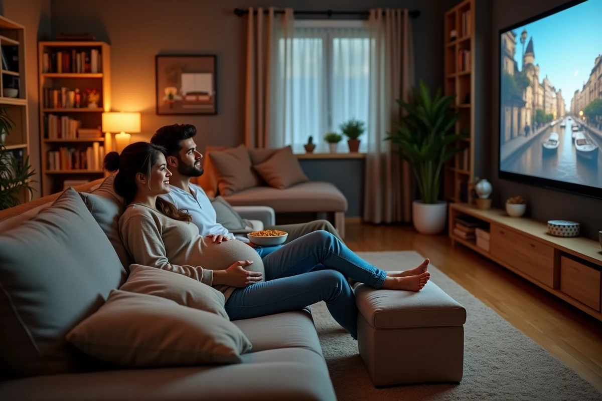 Femme enceinte et son partenaire installés confortablement dans leur salon pour regarder un film ensemble