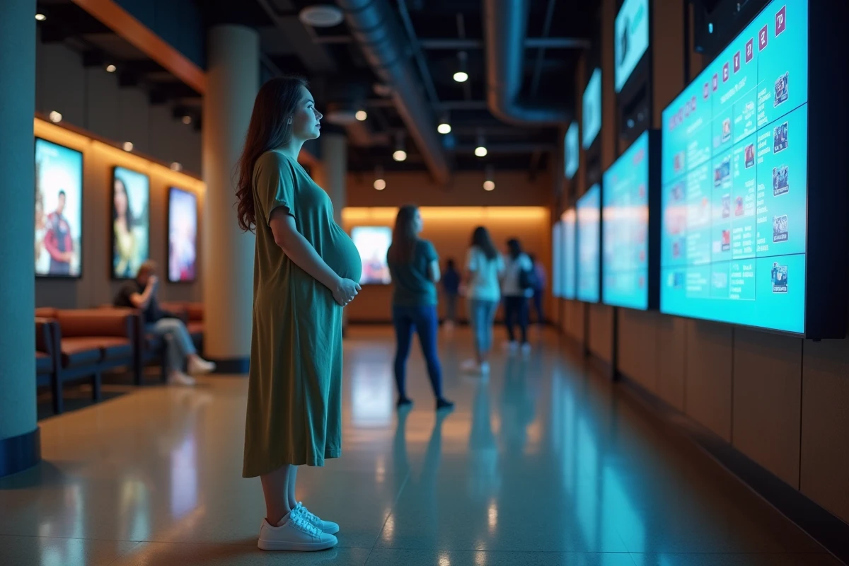Femme enceinte de profil dans le hall d'un cinéma moderne consultant l'affiche des séances
