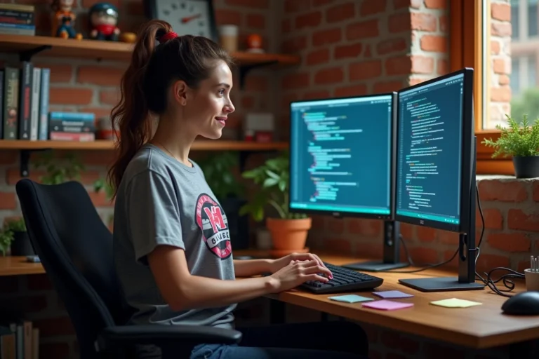Jeune femme geek passionnée de programmation travaillant sur un double écran dans un bureau créatif à domicile