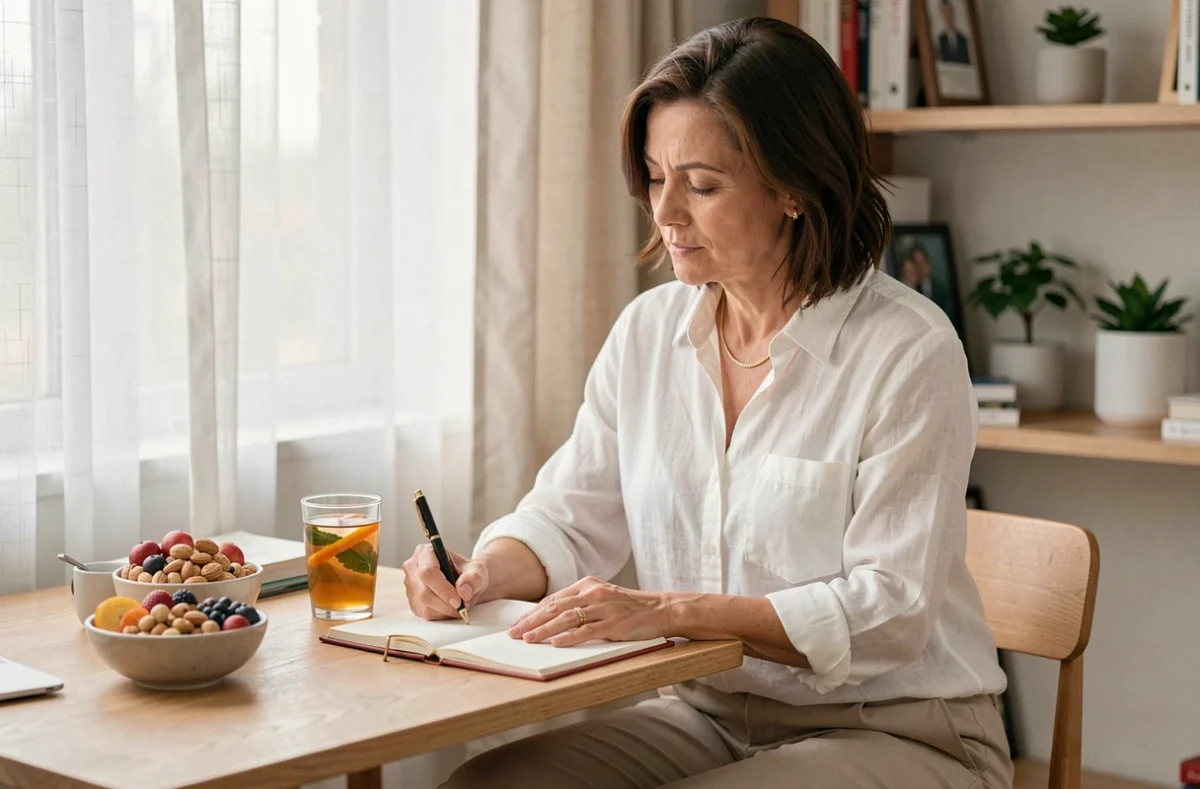 Femme tenant un journal de bien-être avec des aliments sains pour suivre sa démarche minceur au quotidien