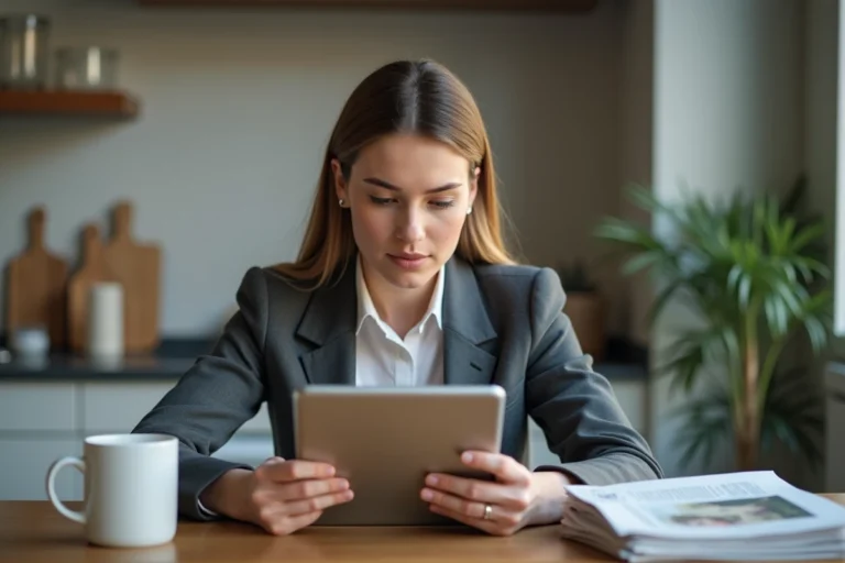 Jeune femme lisant des actualites sur une tablette dans la cuisine
