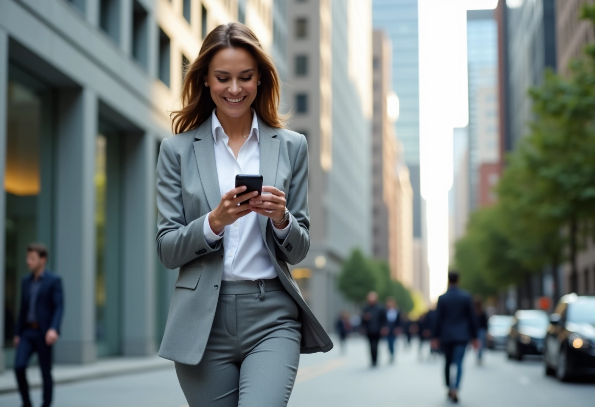 Femme confiante marche dans la ville avec smartphone