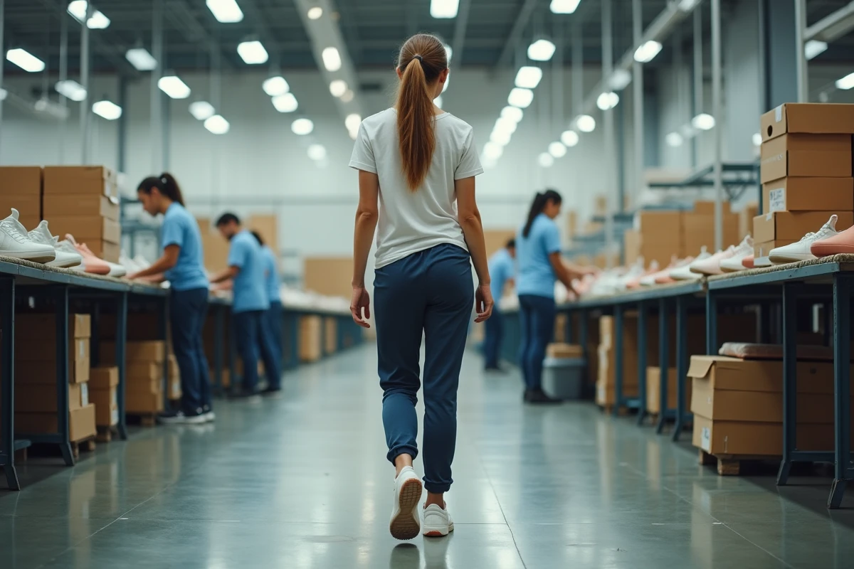 Jeune femme observant les ouvriers dans une usine de chaussures