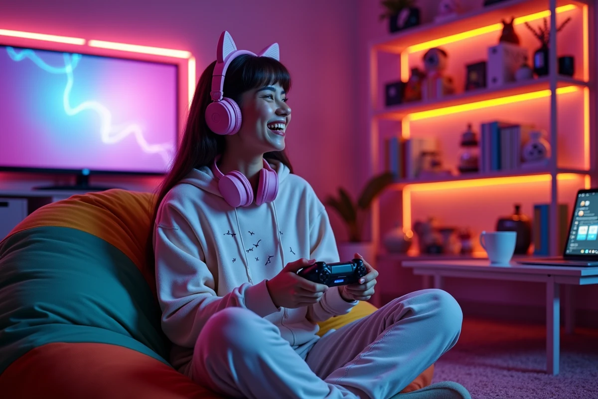 Femme passionnée de jeux vidéo dans un salon gaming coloré entouré de figurines et de mangas