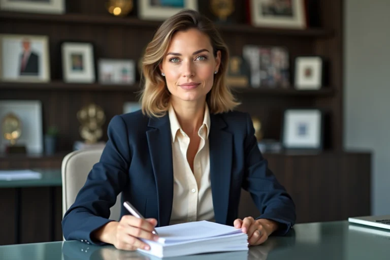 Femme en bureau moderne avec presse et trophées