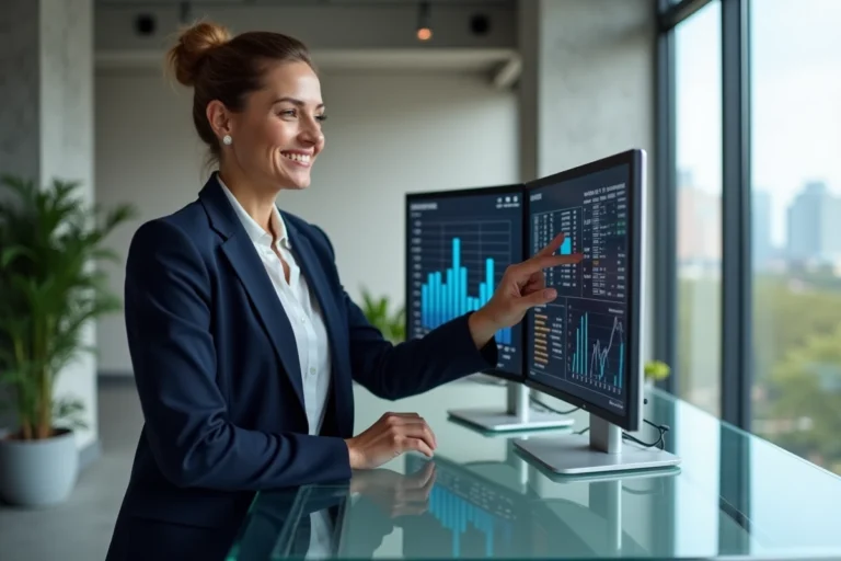 Femme professionnelle utilisant des tableaux de bord numériques dans un bureau moderne pour piloter la transformation digitale de son entreprise