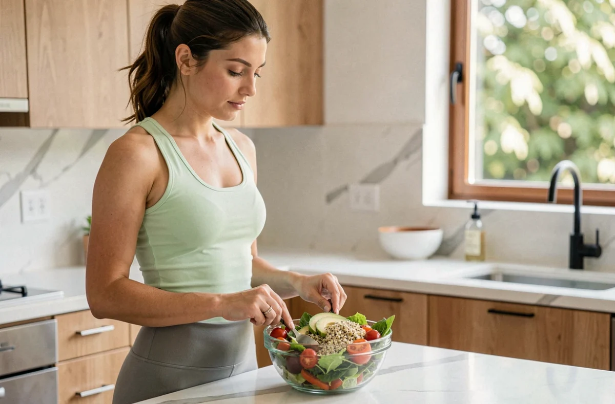 Femme préparant un repas sain et équilibré dans une cuisine moderne pour accompagner une démarche minceur