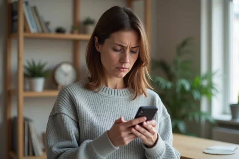 Femme tenant un smartphone et regardant un numéro de téléphone commençant par 05 avec une expression interrogative