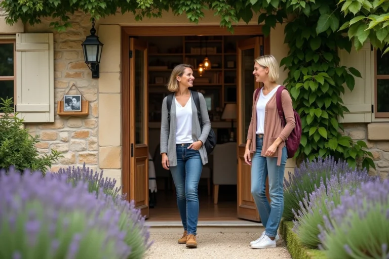 Femme souriante accueillant un voyageur devant une maison en pierre