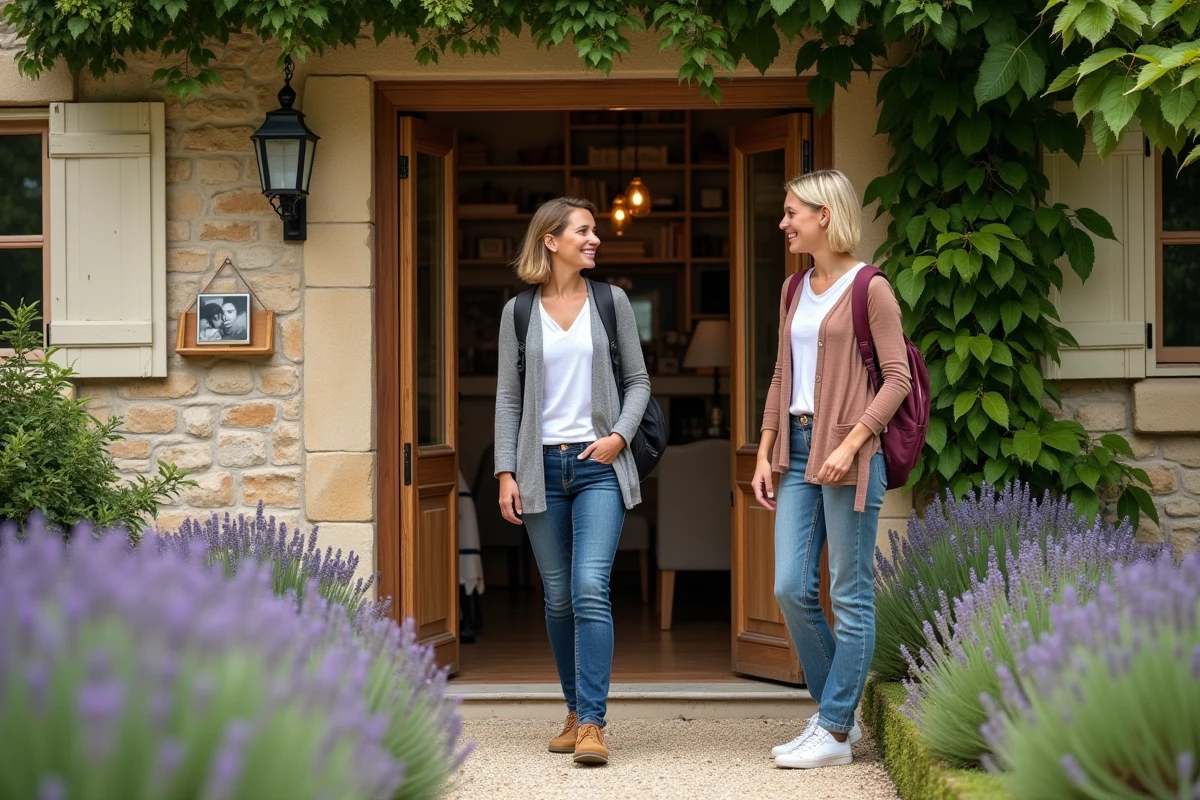 Femme souriante accueillant un voyageur devant une maison en pierre
