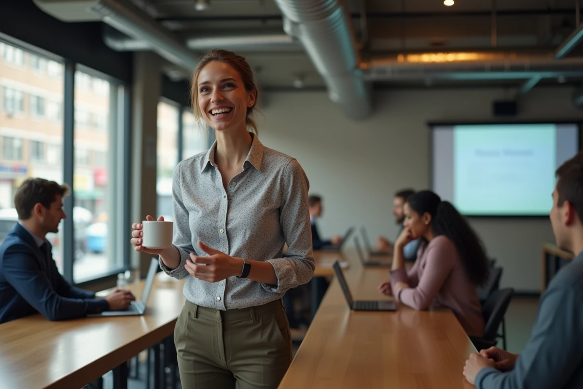 Femme tech passionnée de web prenant la parole lors d'un événement communautaire geek dans un espace de coworking moderne