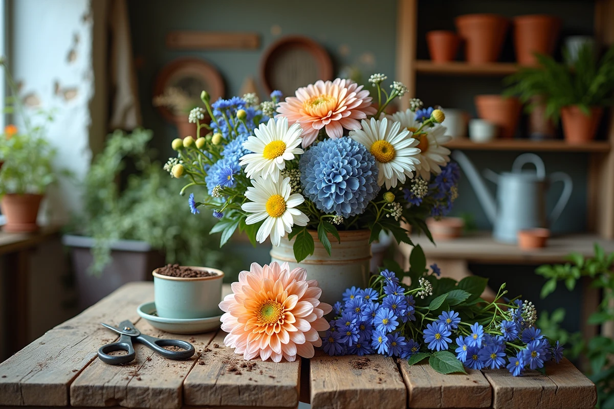 Composition de fleurs coupées et outils de jardinage sur une table de rempotage en bois