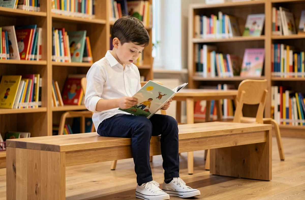 Garçon de 9 ans habillé avec soin en chemise Oxford et chinos marine, lisant dans une bibliothèque pour enfants moderne et chaleureuse