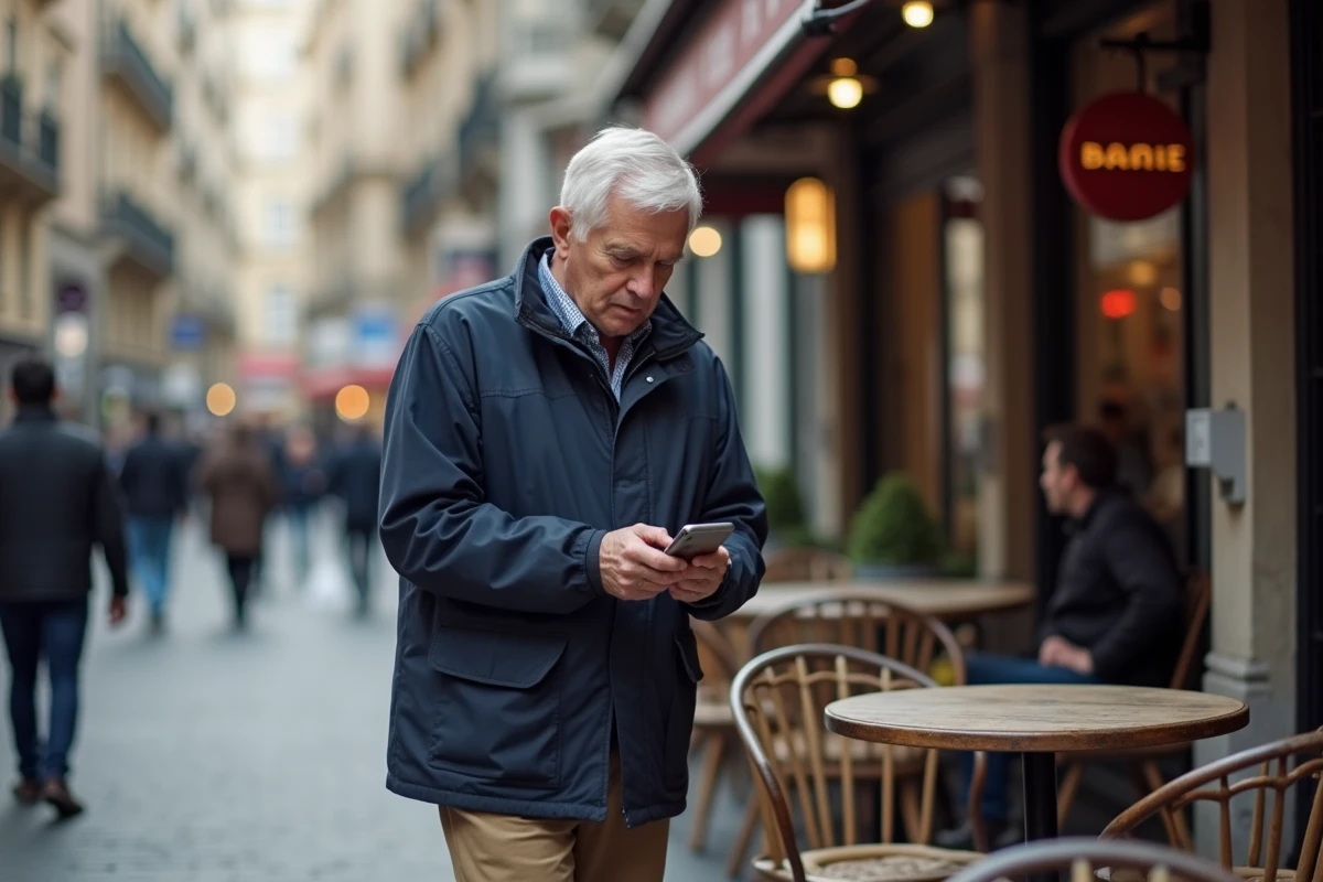 Homme d age regardant les actualites sur son smartphone en cafe