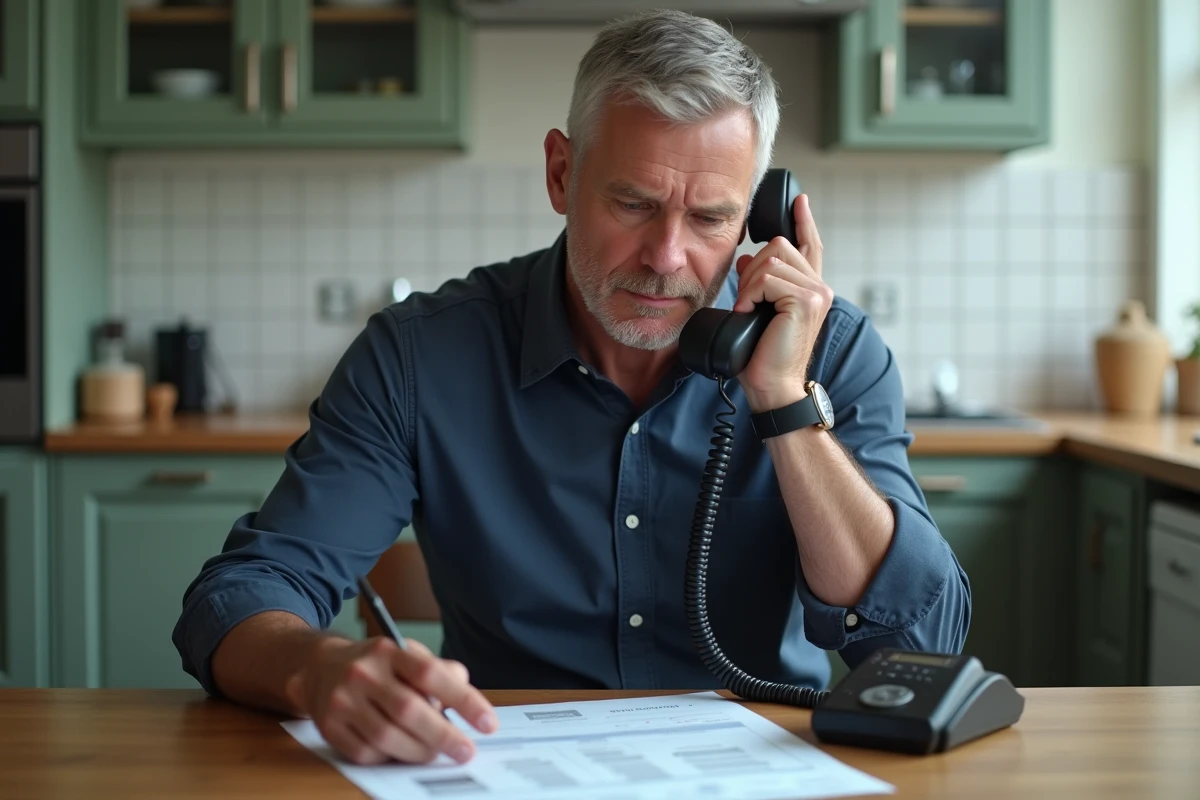 Homme consultant une facture téléphonique avec un combiné à la main pour identifier un numéro 05 surtaxé