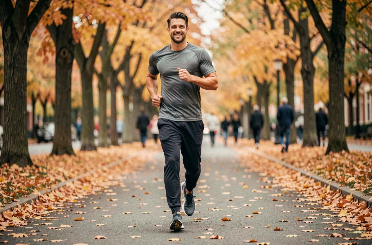 Homme qui court dans un parc en automne dans le cadre d'une routine sportive pour perdre du poids