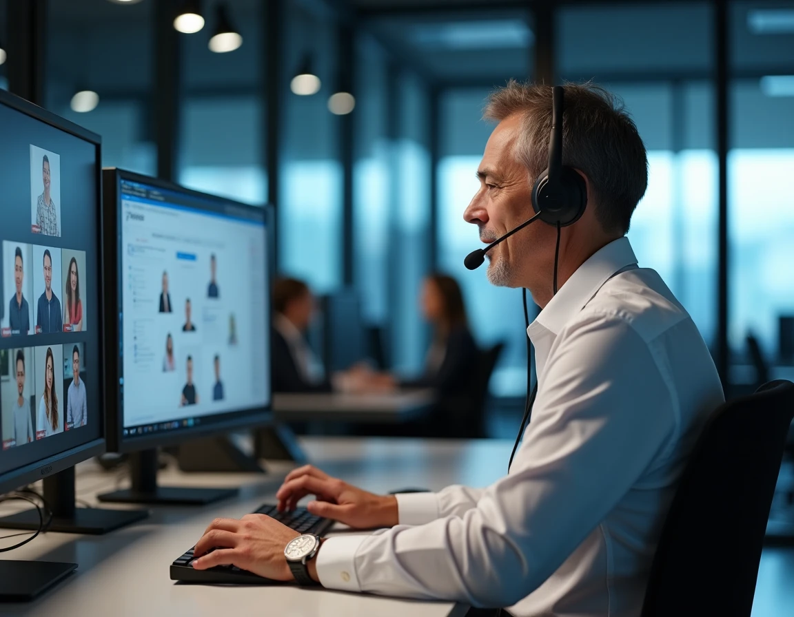 Homme en réunion en ligne avec casque audio dans un open space professionnel avec double écran