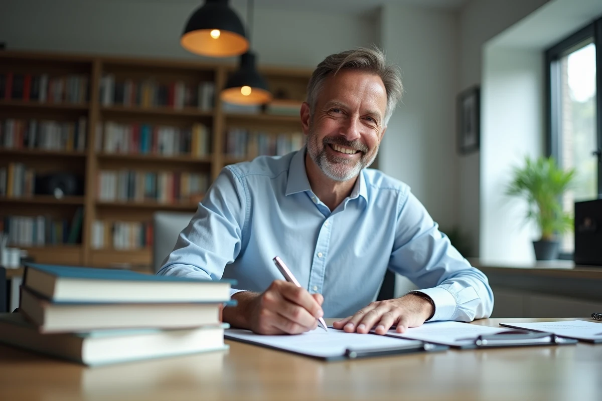 Homme souriant signe un contrat avec des livres à côté